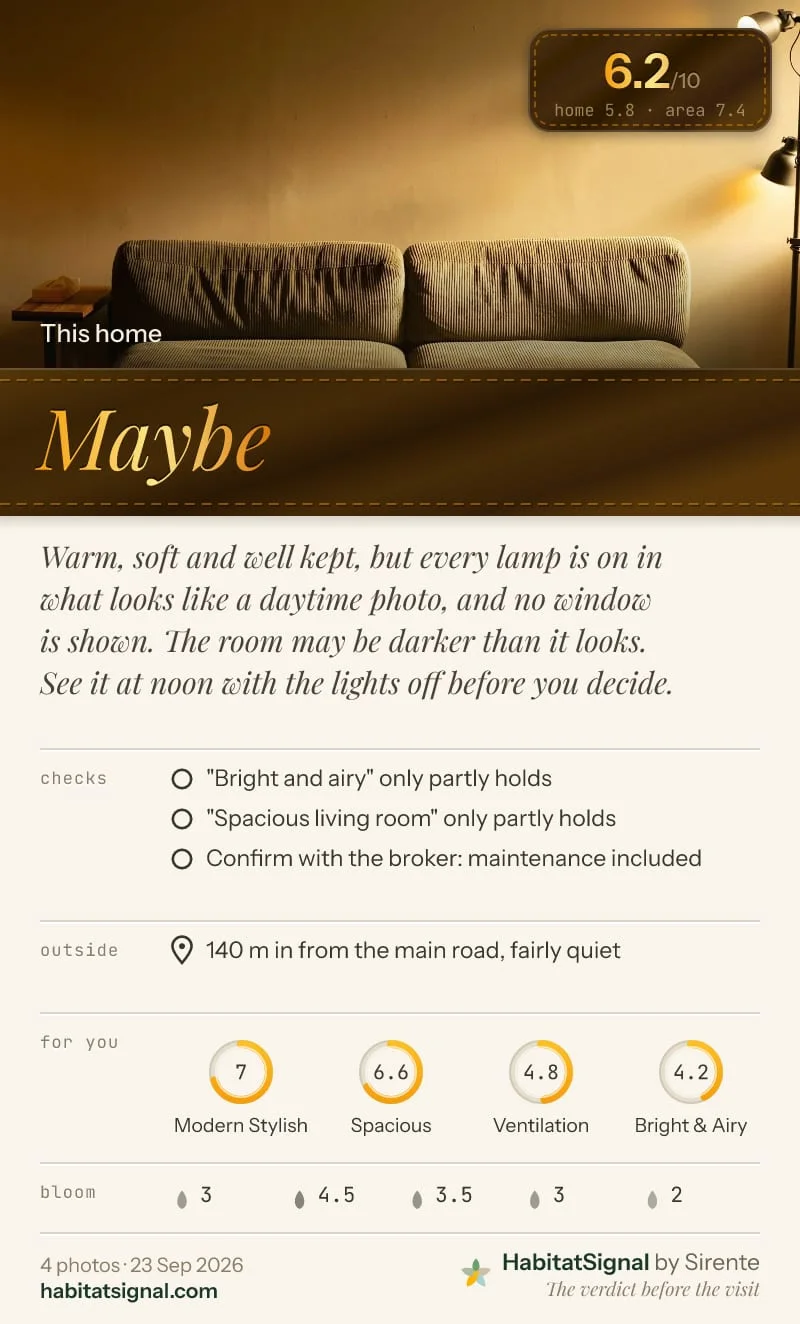 The verdict card: Maybe, 6.2 out of 10. Home 5.8, area 7.4. Bright and airy and spacious each only partly hold; every lamp is on in a daytime photo and no window is shown.