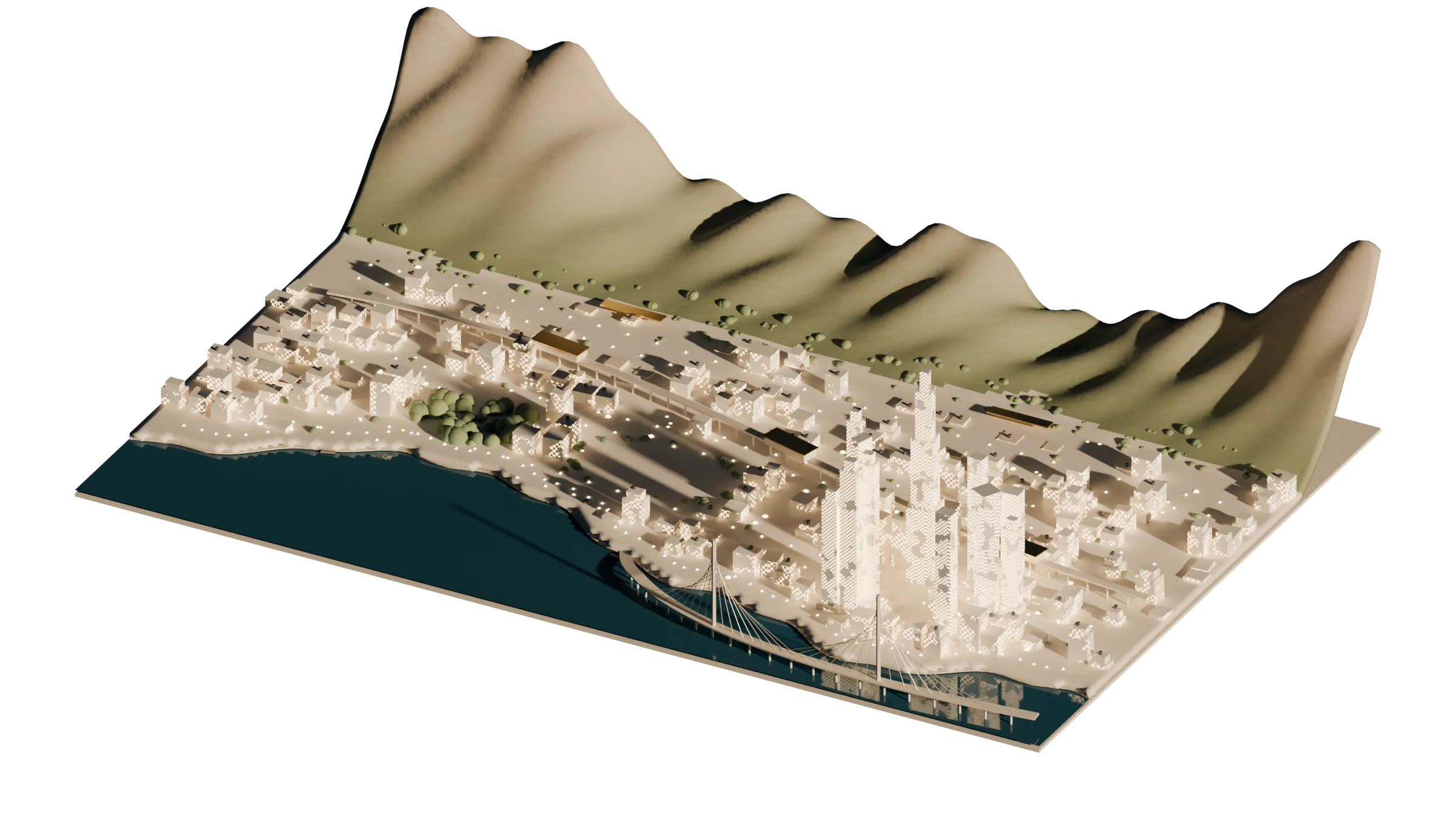 A model of a city on the sea at golden hour, mountains behind it: downtown towers on a headland, a cable-stayed sea link across the bay, a coastal road lit like a necklace, an elevated metro on pillars, a railway along the foot of the hills, a racecourse and parks, and neighbourhoods with lit windows