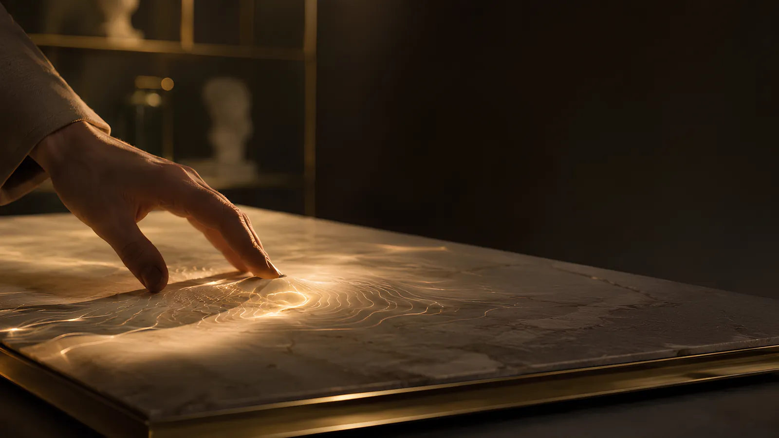A hand resting on a stone surface, light rippling out from the touch