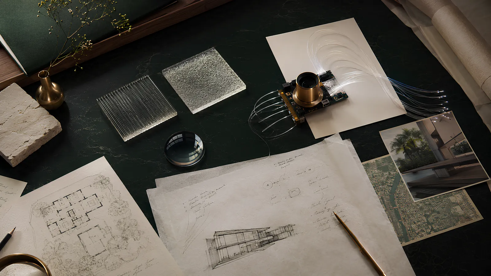 A research desk from above: sketches and plans, glass and stone samples, a lens and a bundle of optical fibres